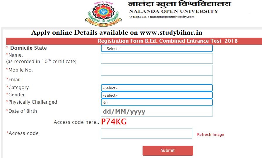 Registration form to Apply online bed cet 2018 bihar